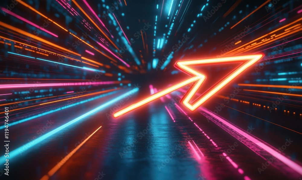 Poster dynamic neon arrow symbolizing progress and speed in a futuristic digital landscape with vibrant lig