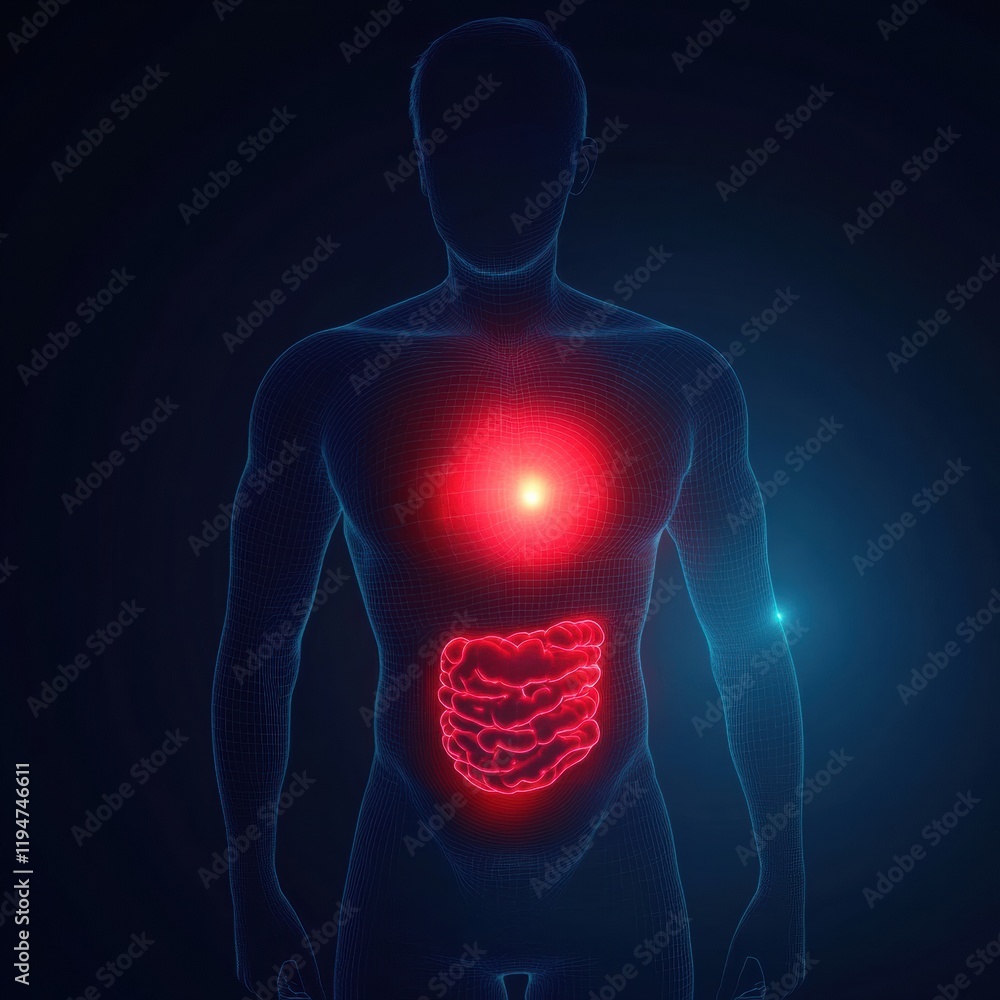 Poster glowing human torso with a radiant red focal point in the stomach area highlighted against a dark ba