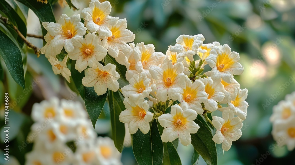 Poster a branch of a tree covered with white and yellow flowers, ideal for use in designs about spring, nat