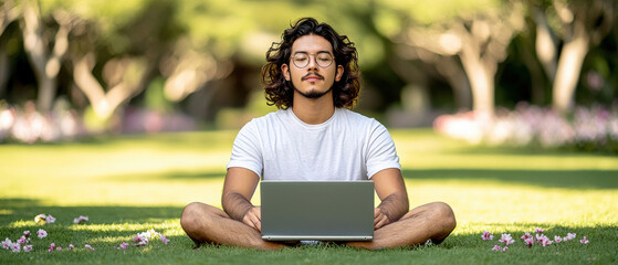 Digital nomad remote work concept, A relaxed individual sits cross-legged on grass, working on a laptop amidst a serene outdoor setting.