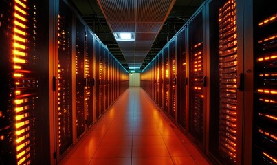 Obraz premium Data center corridor illuminated by orange lights, showcasing rows of server racks and high-tech infrastructure