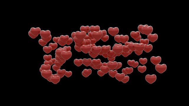 Hearts moving to camera on transparent background