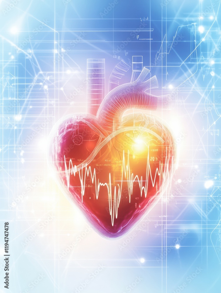 Fototapete Glowing red heart with cardiogram illustrating dynamic heartbeat and vitality in a digital environment. Generative AI