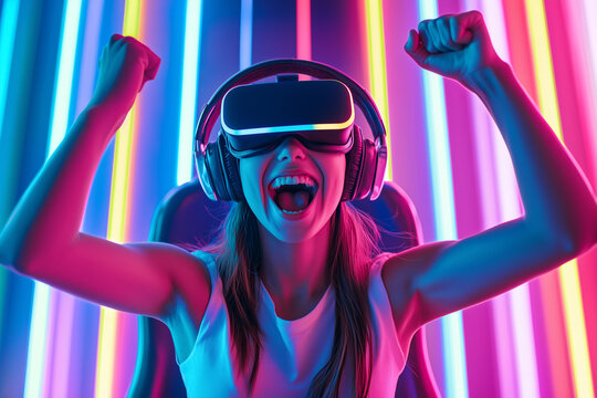 young woman wearing virtual reality goggles celebrates gaming victory with excitement. vibrant neon lights create dynamic atmosphere, enhancing joyful moment