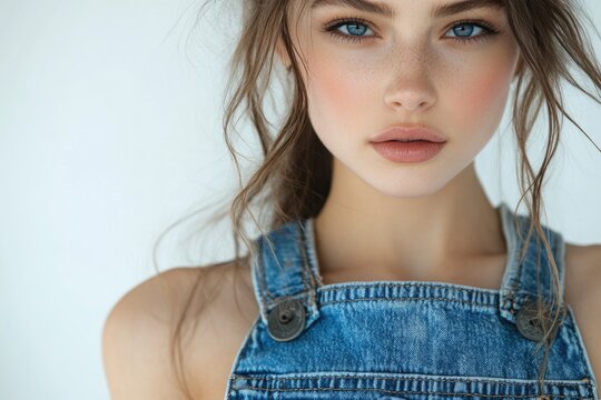 Portrait of a young woman in casual attire, dressed in denim overalls and a relaxed smile