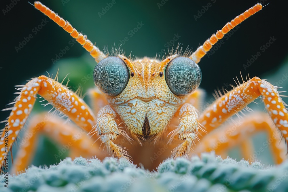 Poster a detailed view of a bug's head surrounded by foliage