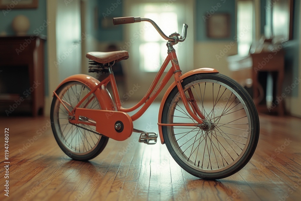 Poster a single orange bicycle sits on a wooden floor with a simple background