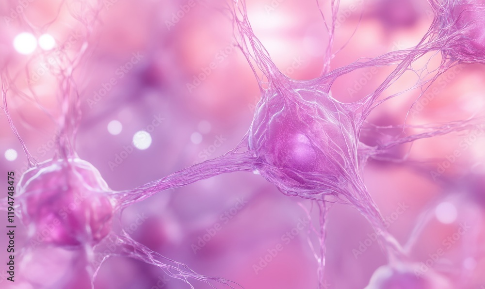 Poster neurons in vibrant pink hues showcasing intricate connections and structures, representing neural ne