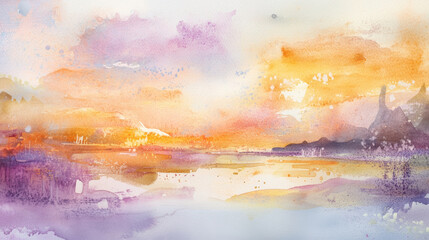 Dreamy watercolor sunset with purple and golden hues over calm water. Perfect for wellness brands, posters, and inspirational artwork.