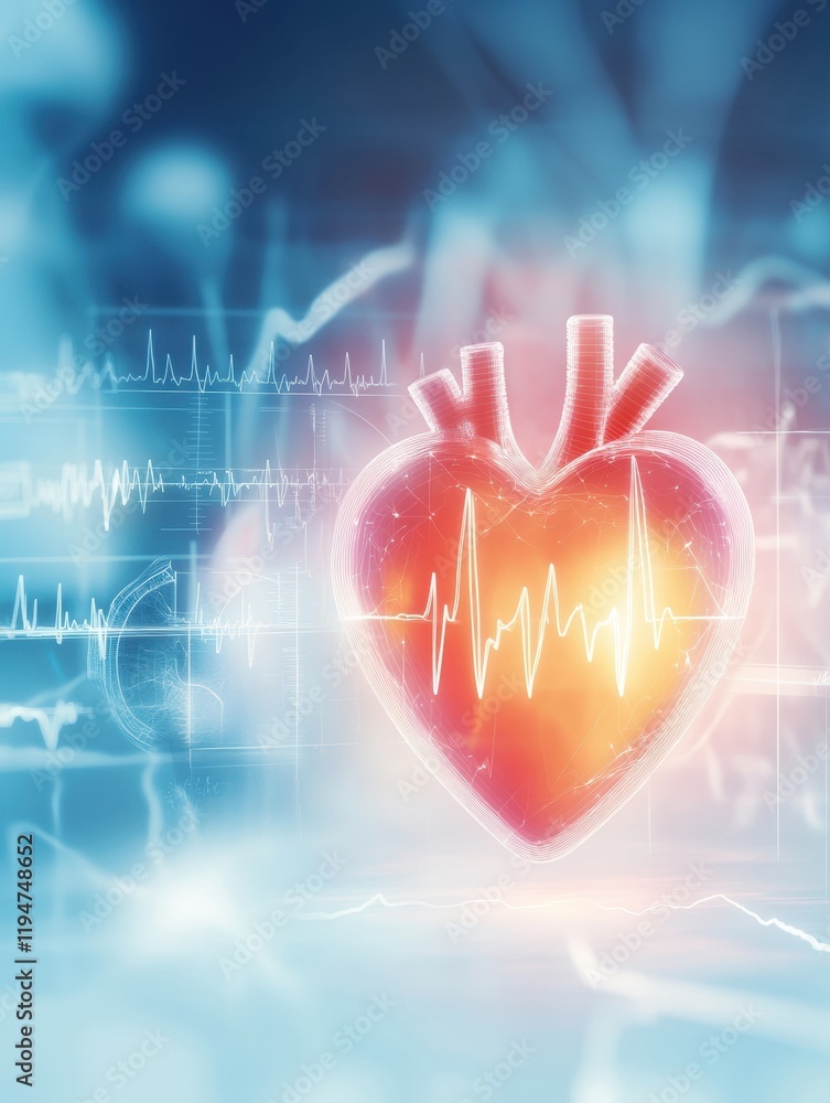 Poster Glowing red heart with dynamic cardiogram symbolizing health and vitality in a modern digital setting. Generative AI