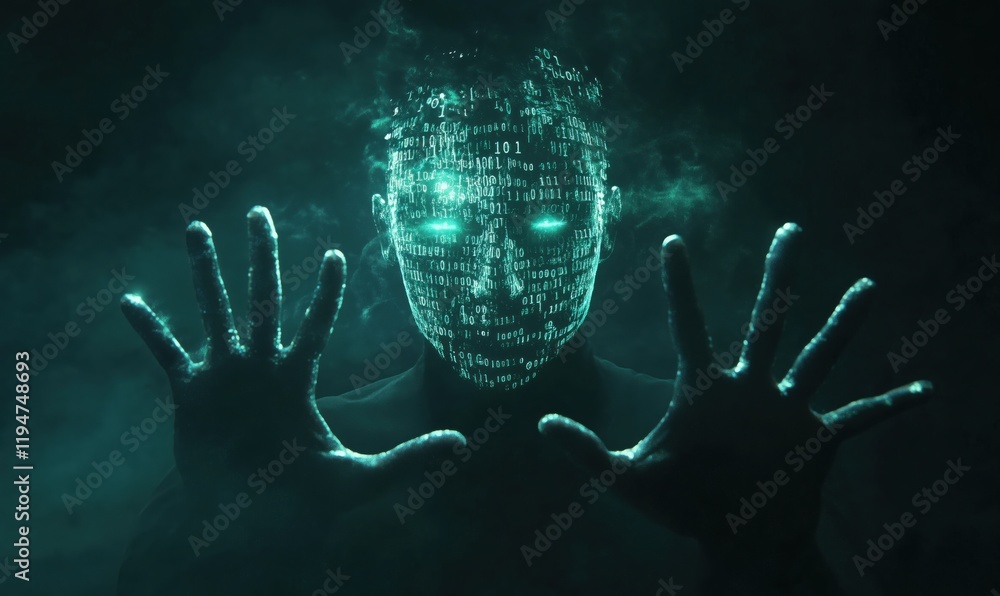Poster digital entity with binary code face and glowing eyes, hands raised in a mysterious atmosphere, repr