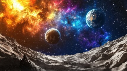 Alien Landscape With Planets And Nebulae In Space