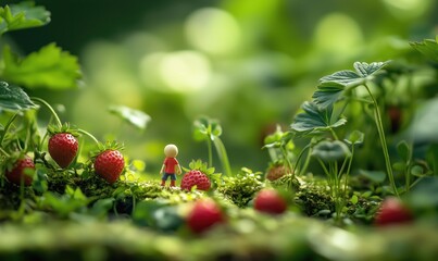 Obraz premium Strawberry field exploration miniature figure surrounded by lush greenery and ripe strawberries, vibrant natural setting, whimsical perspective