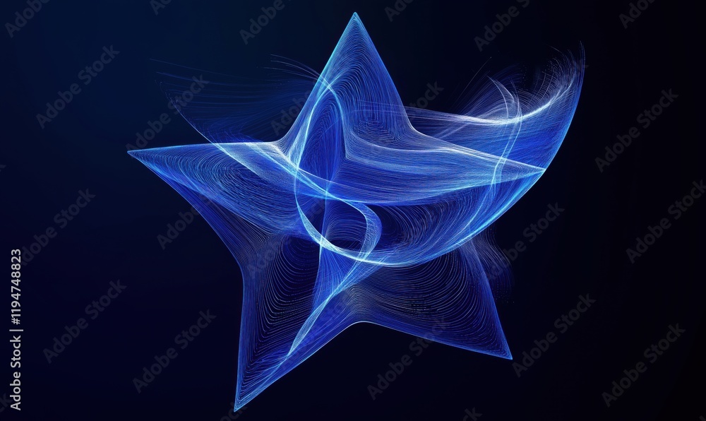 Poster abstract blue star shape with flowing lines and curves, showcasing intricate patterns and luminous e