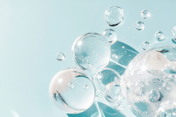 Elegant background with transparent water bubbles floating on a soft blue surface, offering ample copy space. Perfect for spa, wellness, freshness, and clean design concepts.