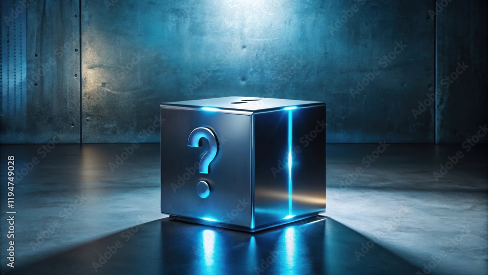 Poster illuminated metal cube with enigma symbol, a mysterious object