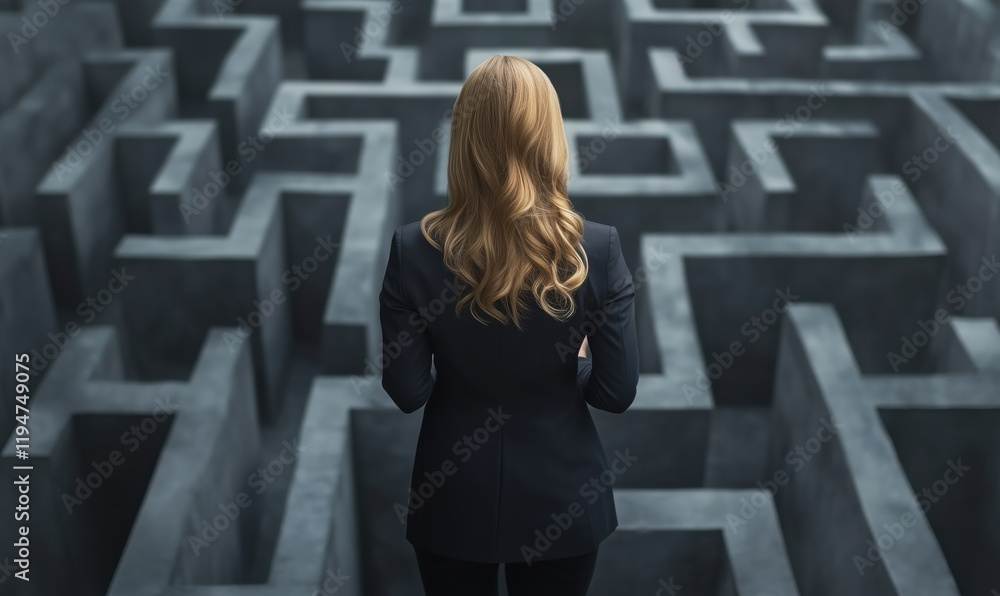 Poster woman standing in front of complex maze, contemplating choices and decisions, symbolizing challenges