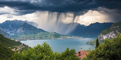 A serene mountain lake scene with surrounding peaks