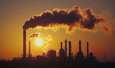 Industrial smokestacks emitting dark smoke against sunset backdrop, highlighting environmental impact of factories and energy production
