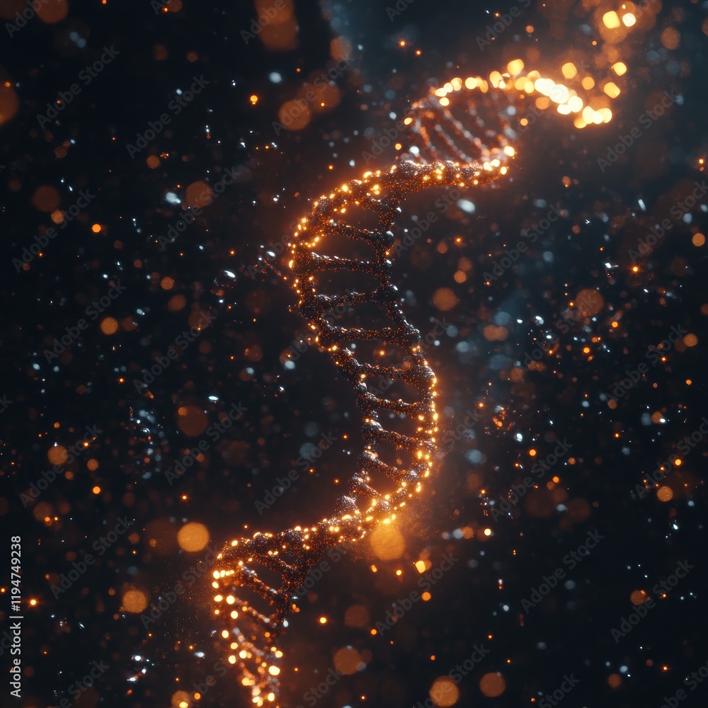 Poster Glowing DNA double helix illuminated by molecular connections in a dark background. Generative AI