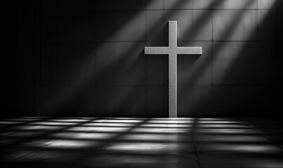 Naklejka premium Cross illuminated by dramatic light in dark space, showcasing shadows and textures, symbolizing faith and spirituality