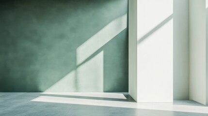 a room with a green wall and a white floor