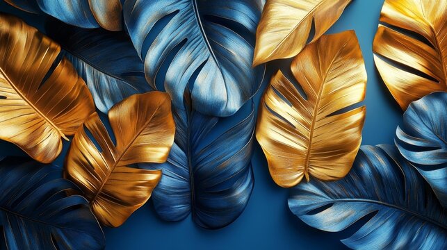 Golden Banana Leaves on Blue. Generative AI - Powered by Adobe