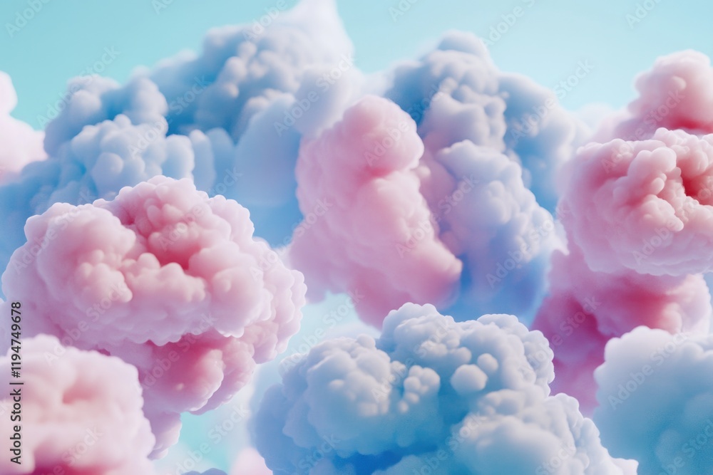 Poster a collection of fluffy white clouds floating in the blue sky, perfect for background or atmospheric 