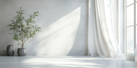 White contemporary room with delicate curtains gently flowing beside a potted green plant, soft light casting shadows on the floor.