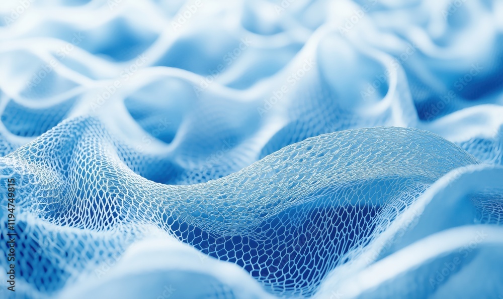 Poster delicate blue mesh fabric texture with intricate patterns and soft waves, creating a serene and calm