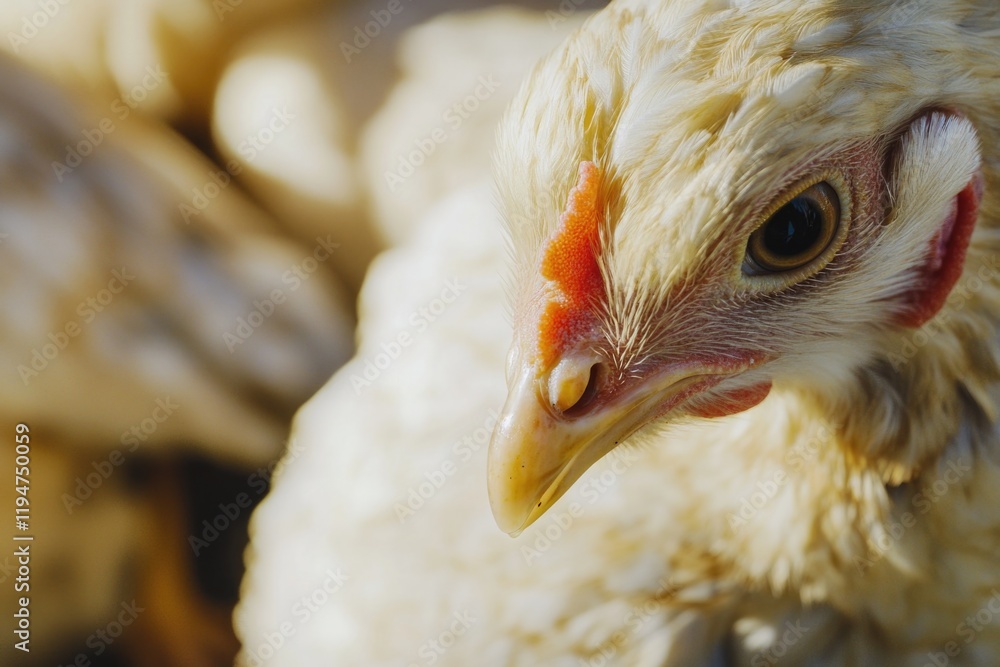 Poster a close-up shot of a chicken's face with a distinctive red beak