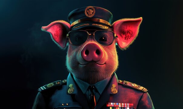 Military pig in uniform with sunglasses, exuding authority and charisma, showcasing a unique blend of humor and seriousness