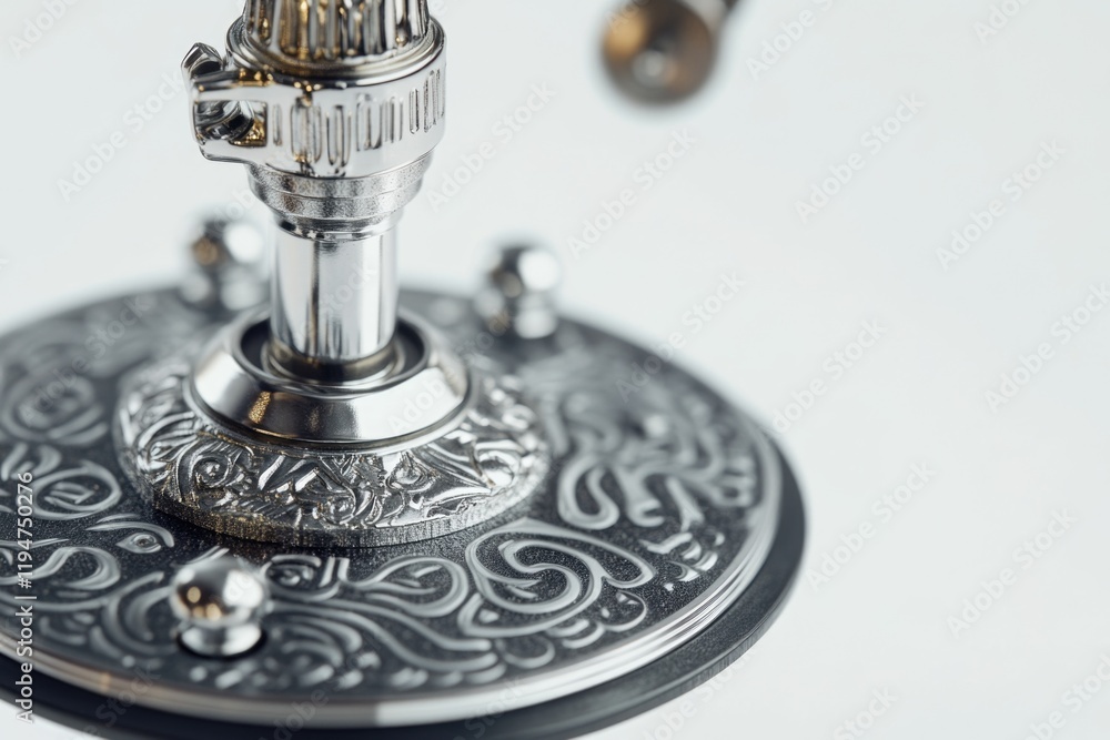 Poster close-up shot of a metal object sitting on a white surface, ideal for use in product or design photo