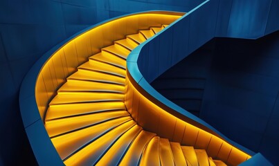 Obraz premium Curved staircase illuminated with vibrant yellow light, modern architectural design, sleek lines, and blue-toned walls create a striking visual contrast