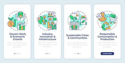 Economic development onboarding mobile app screen. Walkthrough 4 steps editable graphic instructions with linear concepts. UI, UX, GUI template. Montserrat SemiBold, Regular fonts used