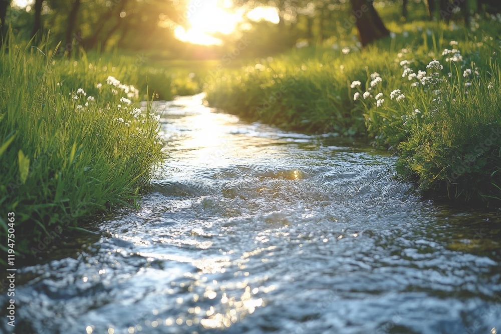 Poster a sunlit stream flows gently through lush greenery and wildflowers, creating a serene and peaceful n