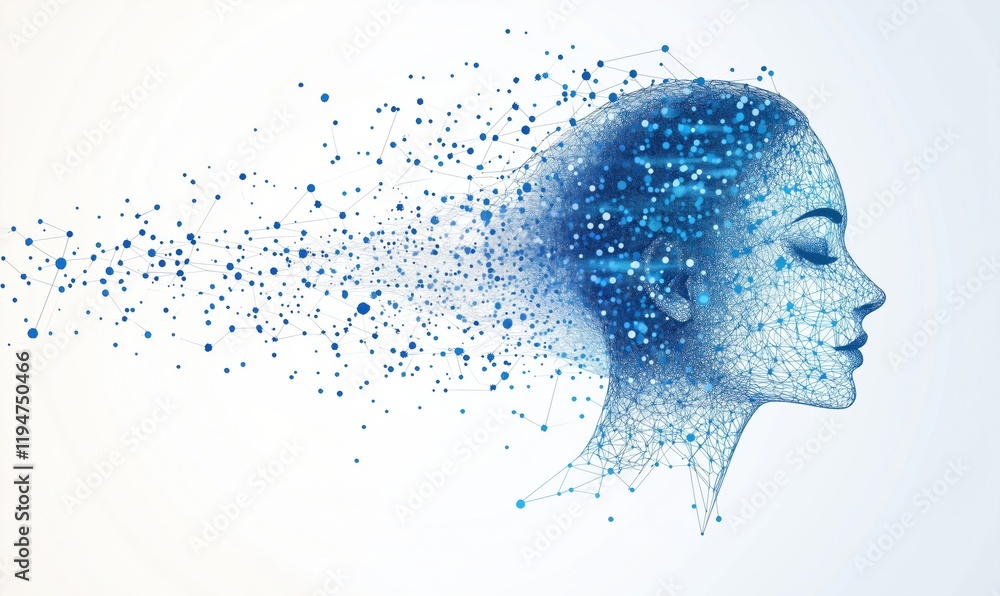 Poster digital representation of human head silhouette composed of interconnected nodes and particles, symb
