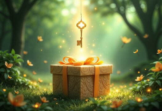 Golden key hanging above a beautifully wrapped gift box in a magical forest setting