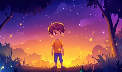Obraz premium Boy standing in magical forest at twilight surrounded by glowing fireflies and vibrant colors, enchanting atmosphere, whimsical scenery