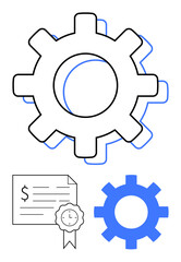 Large gear icon, smaller blue gear, certificate with dollar sign and award. Ideal for business, operations, achievement, certification, efficiency success recognition. Abstract line flat metaphor