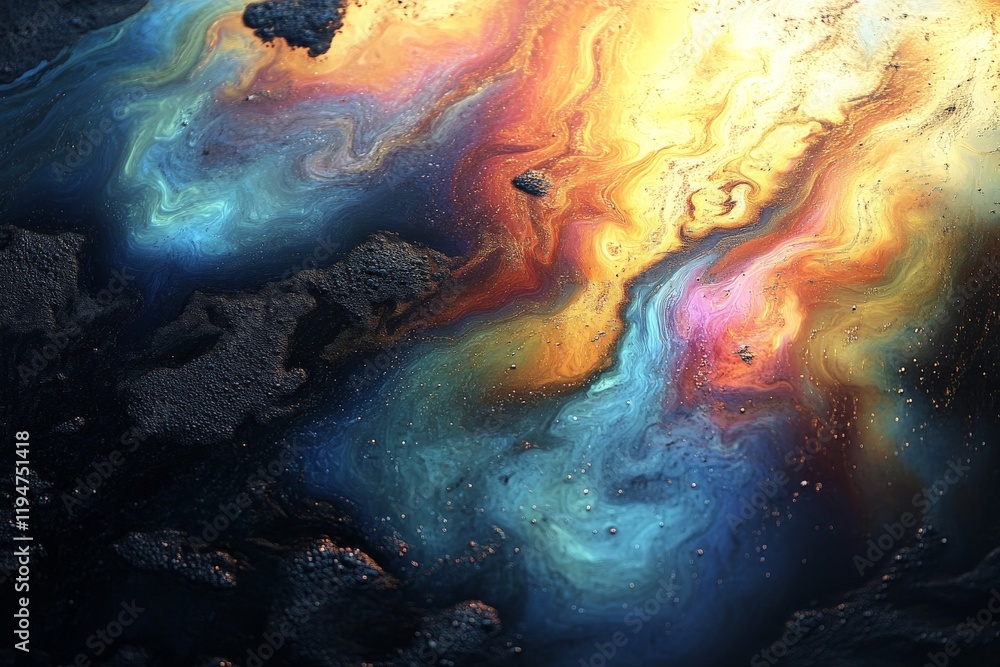Poster an intense swirling formation of oil on water featuring fiery shades of orange and blue, creating a 