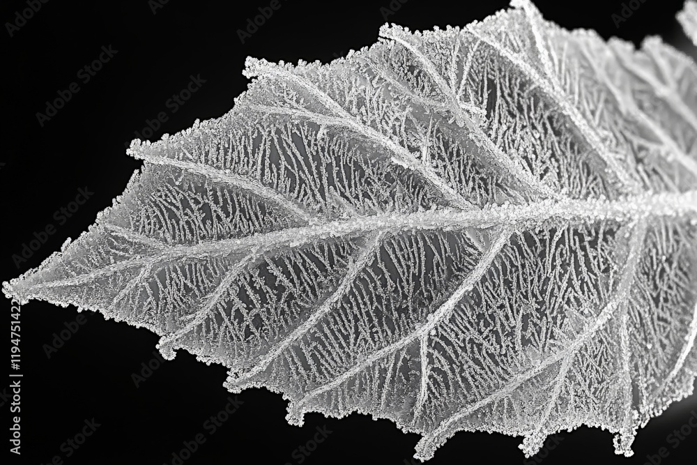 Poster close-up of a leaf covered in delicate frost, showcasing its intricate vein patterns against a stark