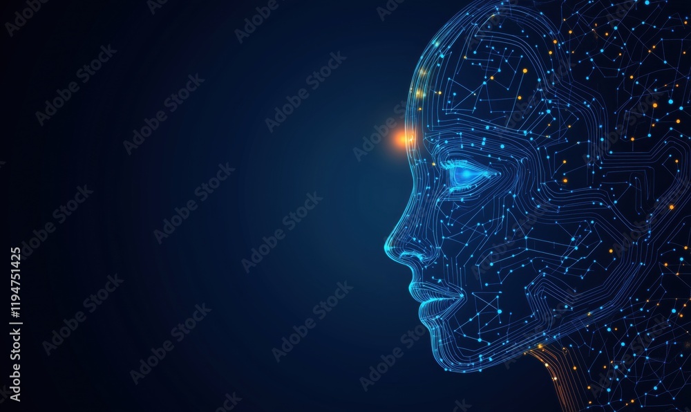 Poster futuristic digital human face with glowing neural connections and circuits, representing artificial 