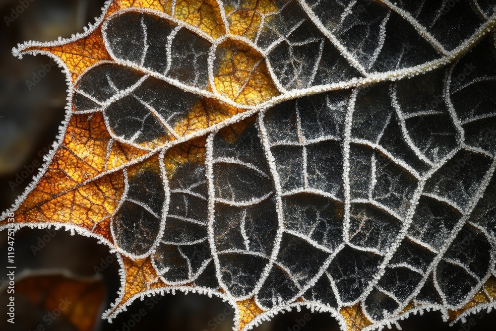 Poster a detailed close-up of a frost-edged leaf displaying an array of vivid colors resembling a stained g