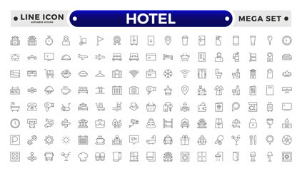 Hotel outline icons set. Rental property icons. Set of hotel booking, five-star hotel, service line vector web icon. Hotel universal set with Building, Parking, Meal. Editable stroke outline icon.