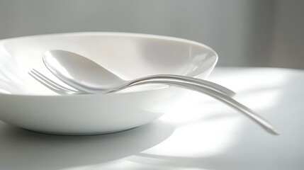 White bowl featuring a clean setup of spoon and fork