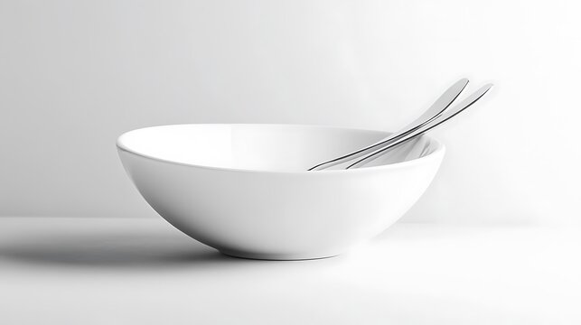 White bowl featuring a clean setup of spoon and fork