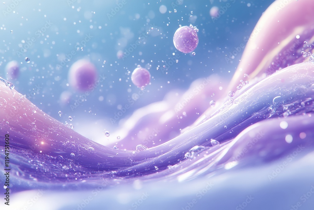 Poster a calming scene of pastel-tinted waves with serene floating spheres amidst a soft blue and mauve bac