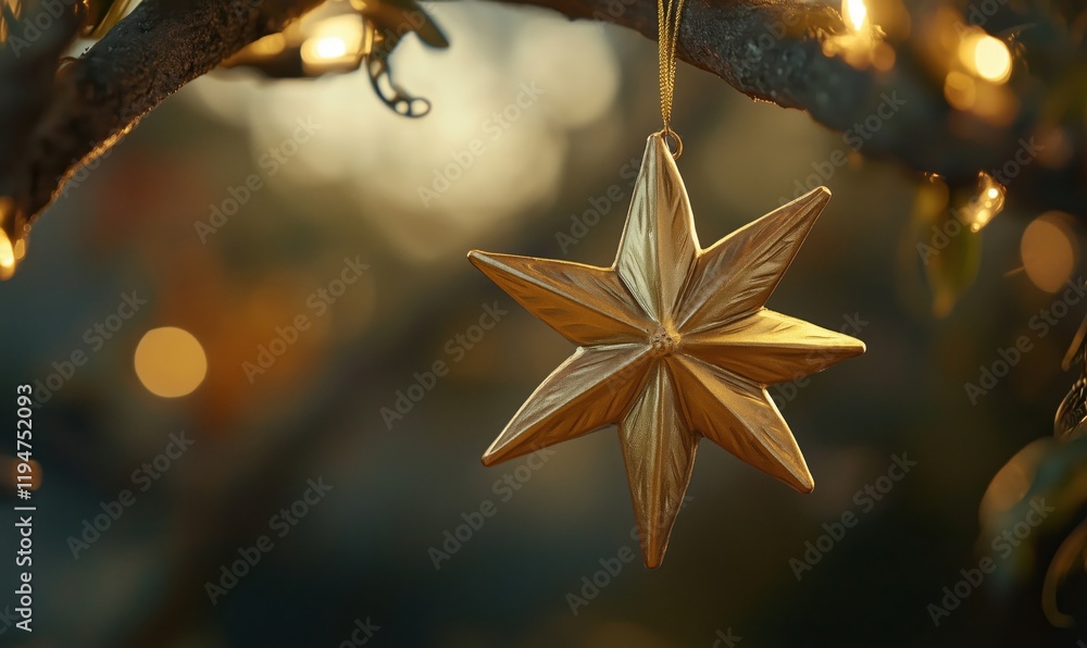 Poster golden star ornament hanging from tree branch, illuminated by soft bokeh lights, creating a warm fes