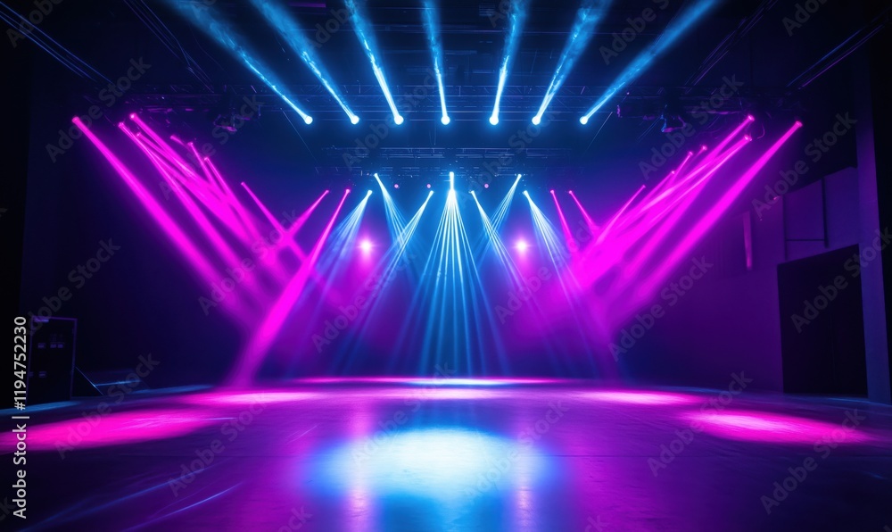 Poster vibrant stage lighting with blue and pink beams illuminating empty performance space, creating dynam